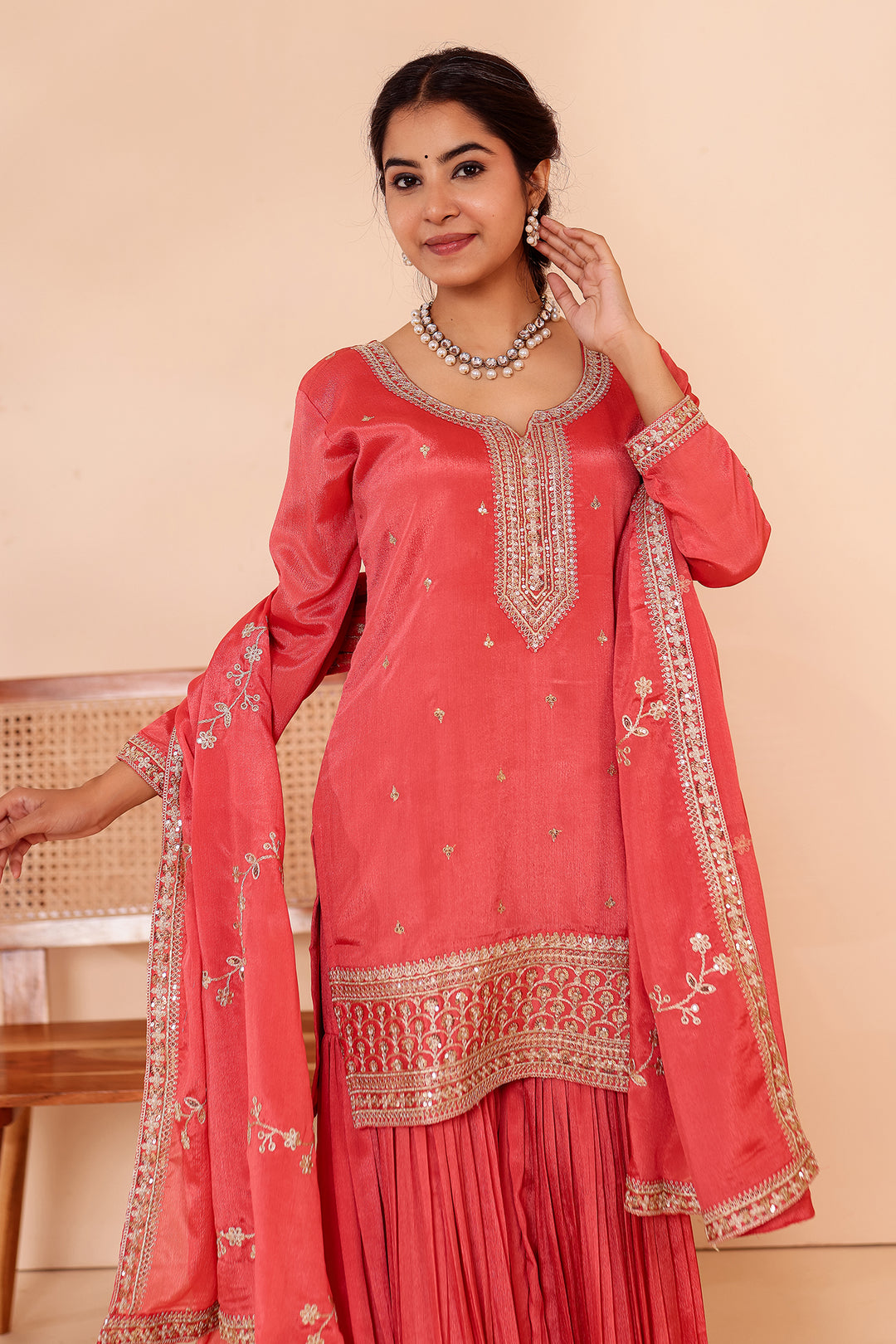 Burnt Sienna Chinon Silk Sharara Suit.