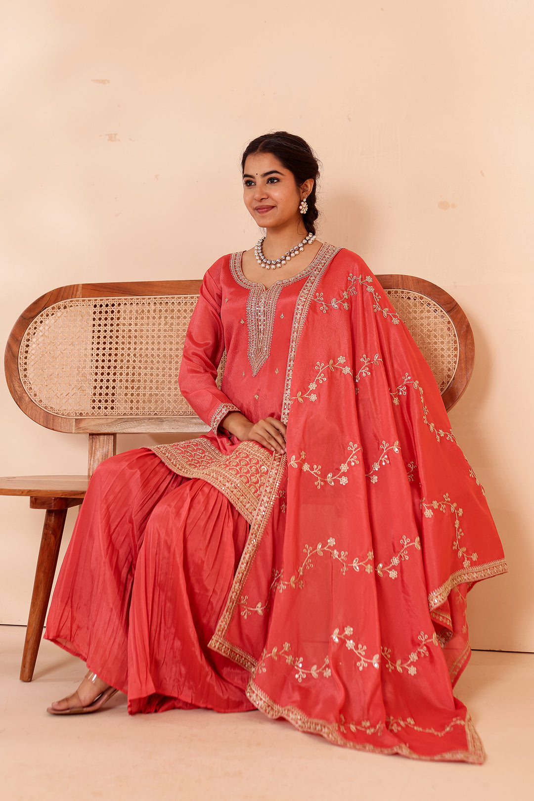 Burnt Sienna Chinon Silk Sharara Suit.