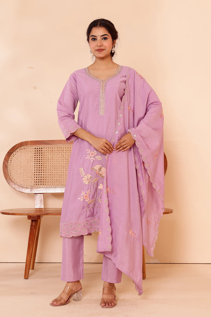 Lilac Roman Silk Straight Cut Kurta Set with Floral Embroidery.