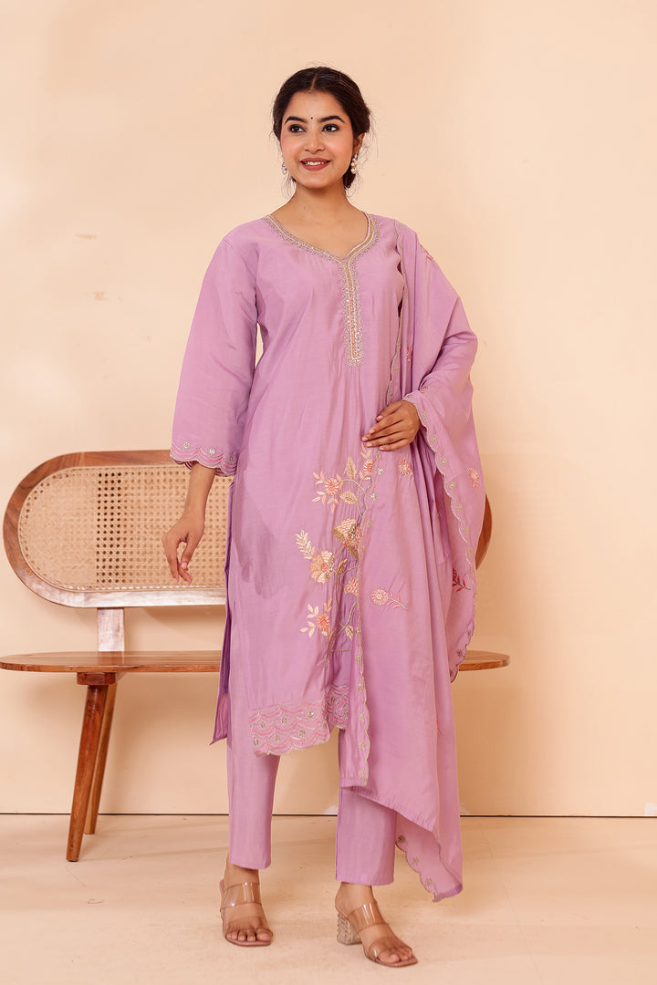 Lilac Roman Silk Straight Cut Kurta Set with Floral Embroidery.