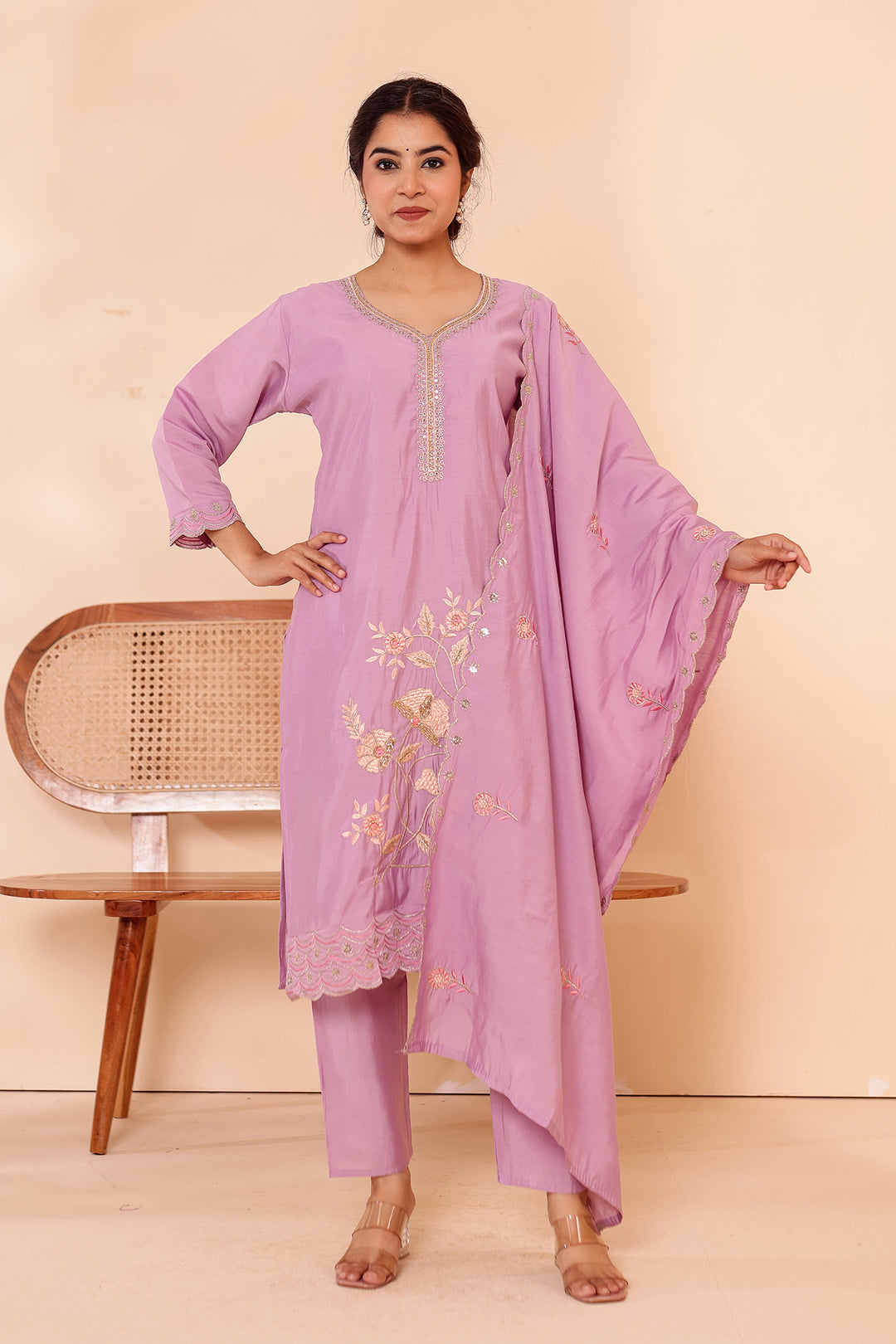 Lilac Roman Silk Straight Cut Kurta Set with Floral Embroidery.