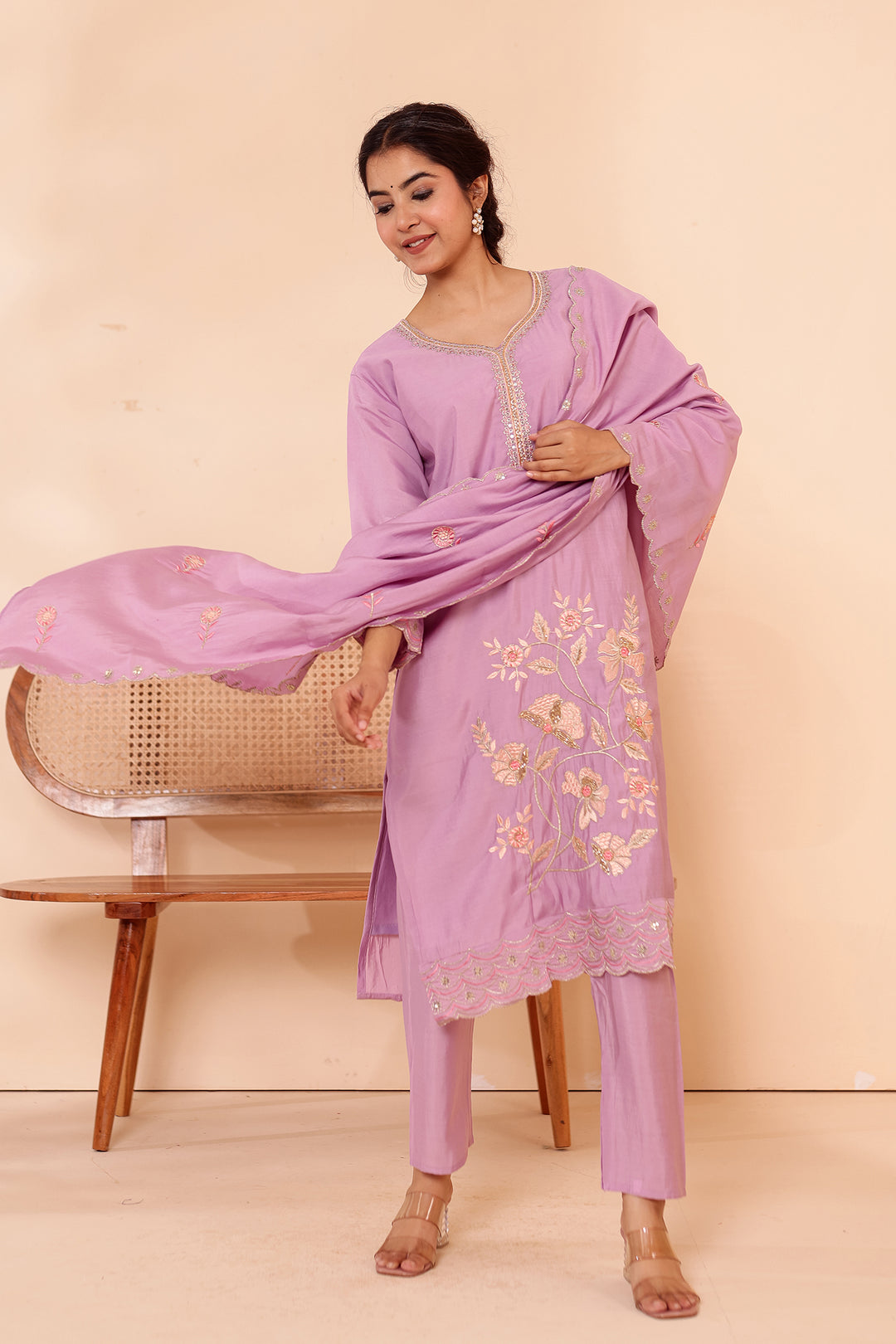 Lilac Roman Silk Straight Cut Kurta Set with Floral Embroidery.