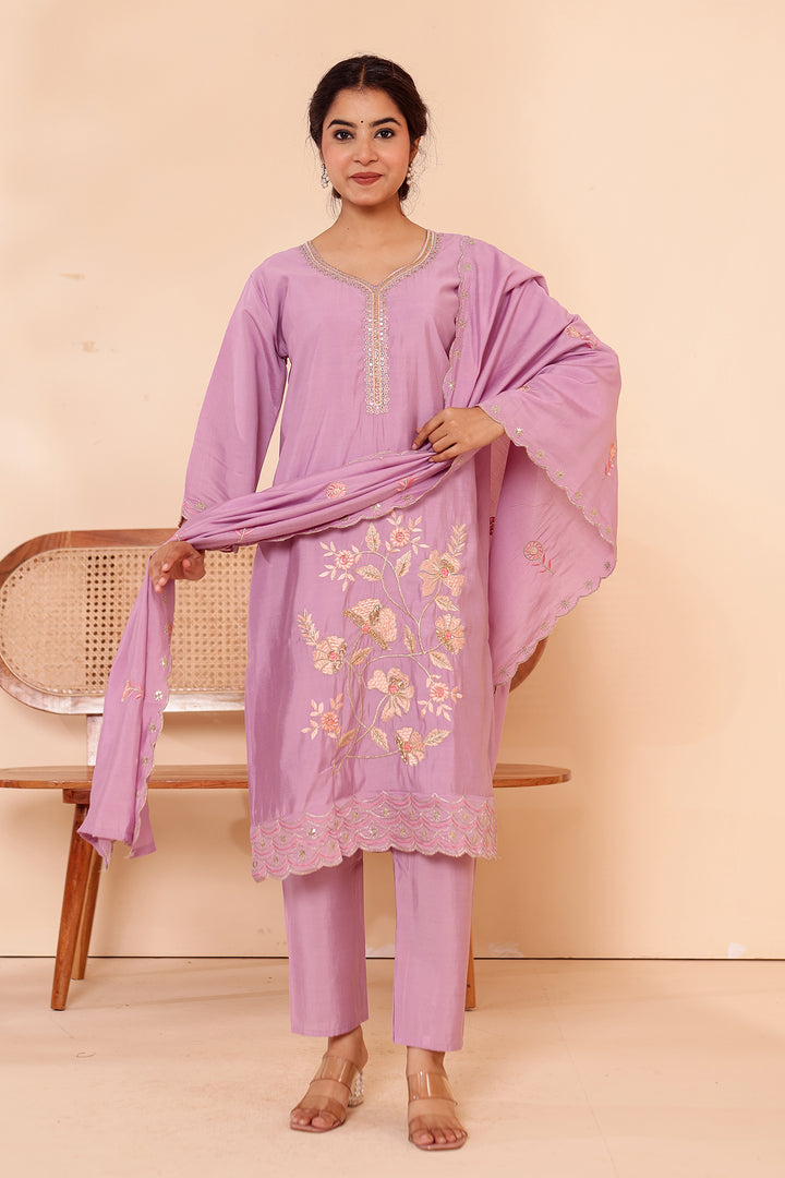 Lilac Roman Silk Straight Cut Kurta Set with Floral Embroidery.