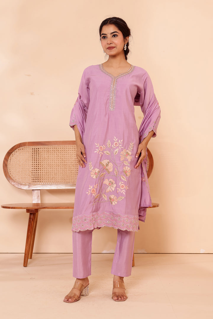 Lilac Roman Silk Straight Cut Kurta Set with Floral Embroidery.