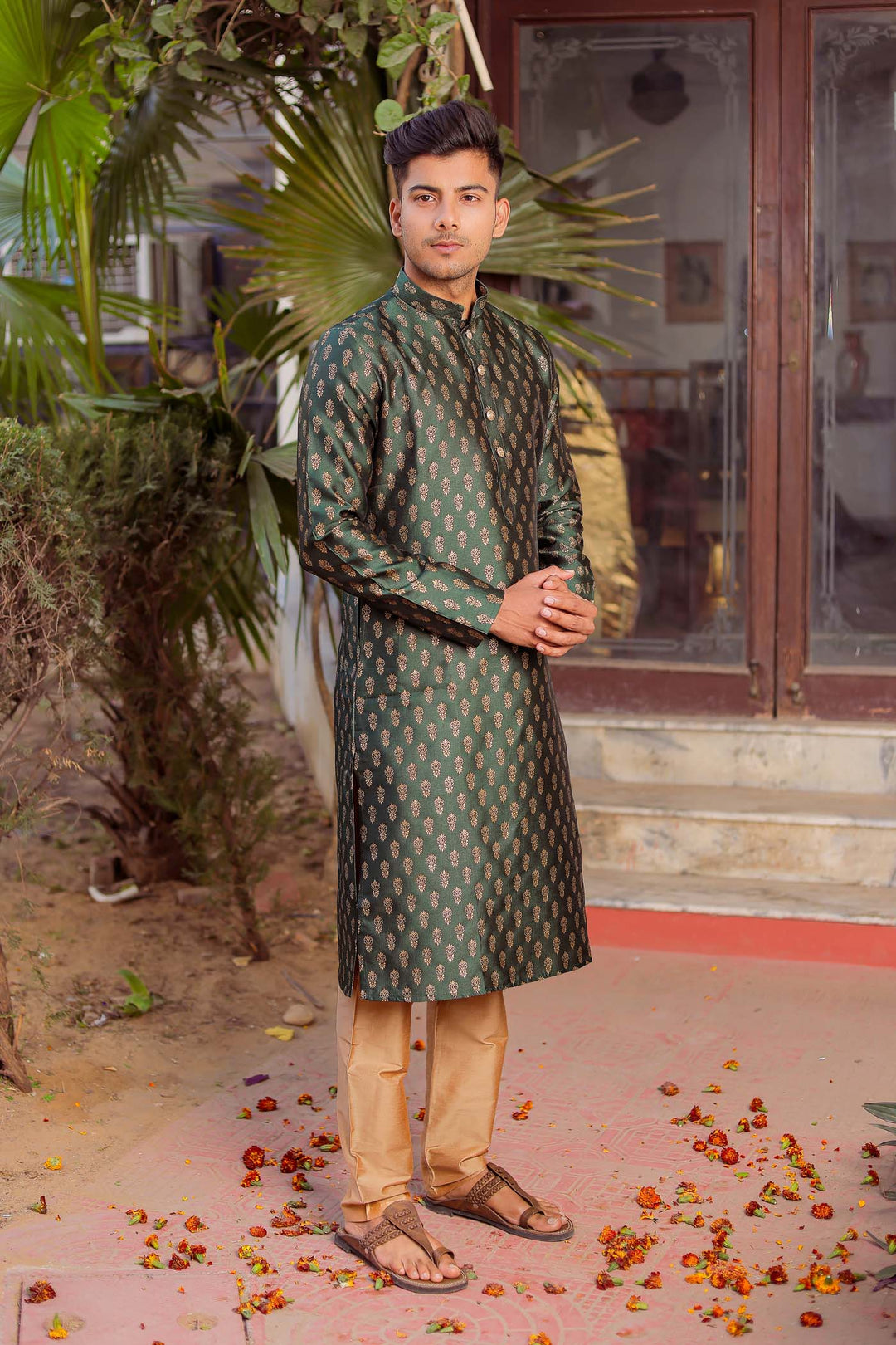 Bottle Green Brocade Silk Kurta Suit.