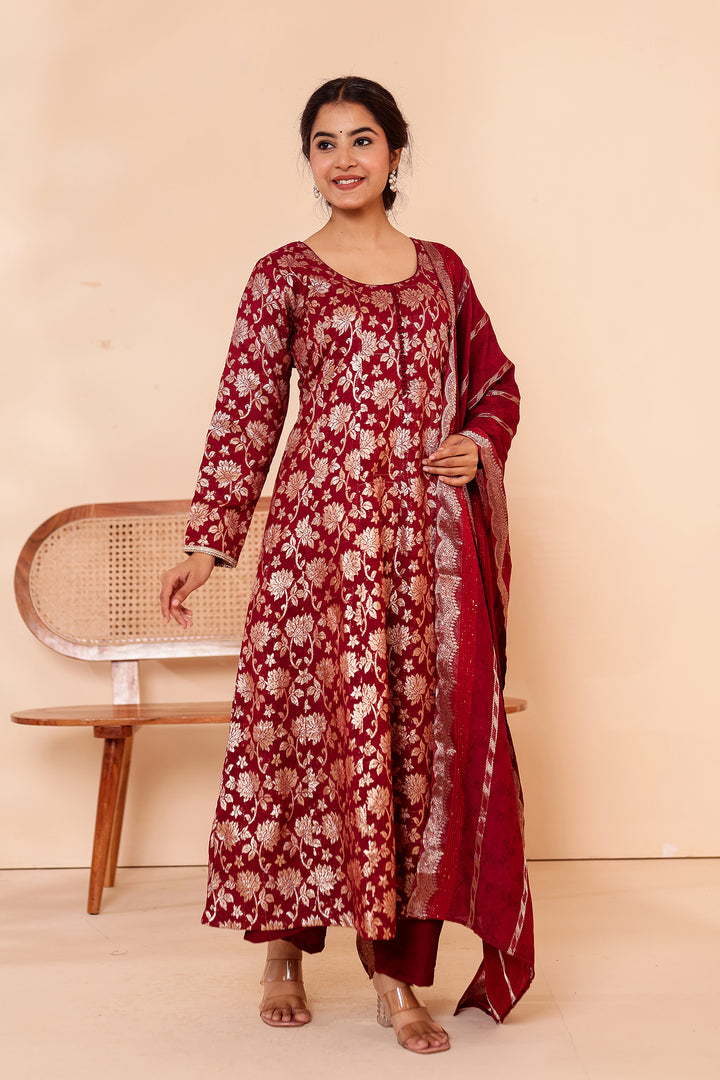 Maroon Chanderi Jacquard Silk Kali Style Suit.