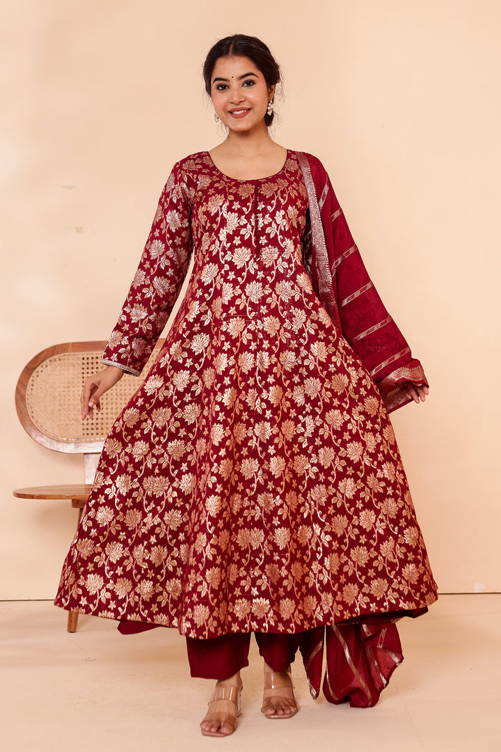 Maroon Chanderi Jacquard Silk Kali Style Suit.