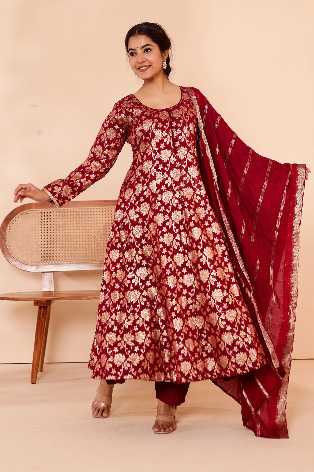 Maroon Chanderi Jacquard Silk Kali Style Suit.