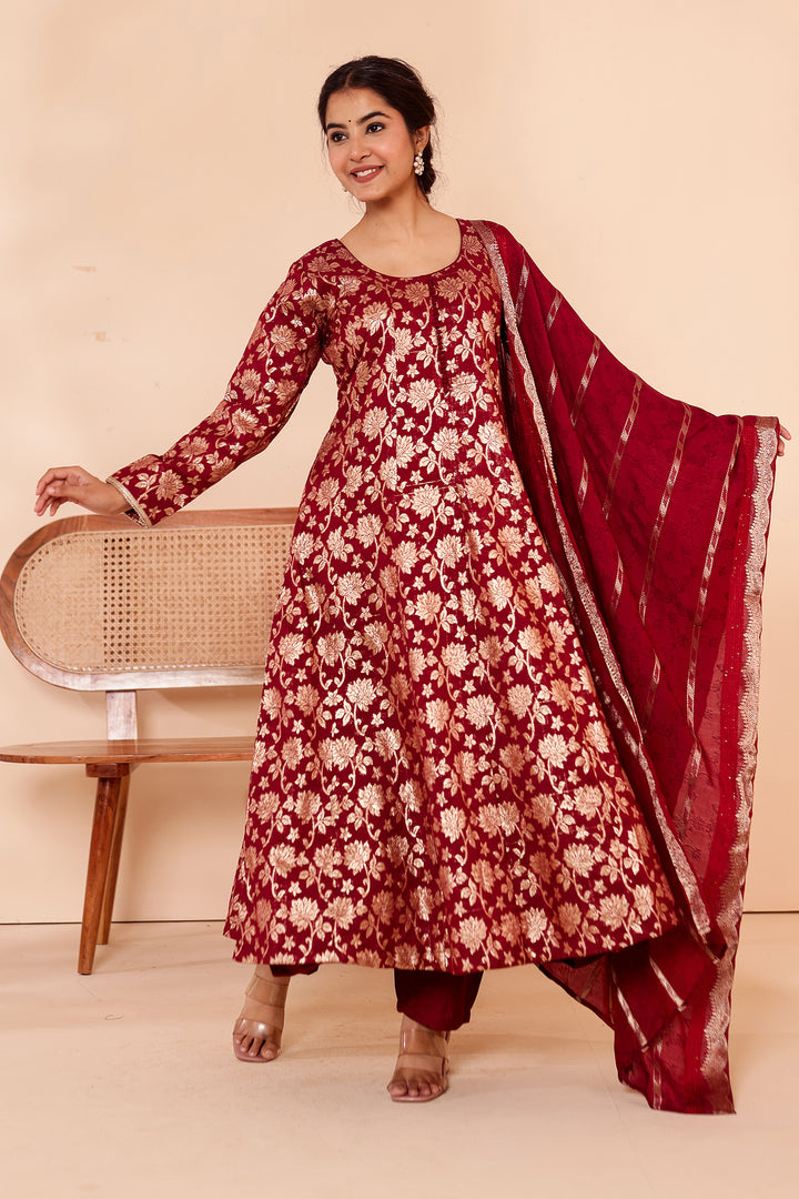Maroon Chanderi Jacquard Silk Kali Style Suit.