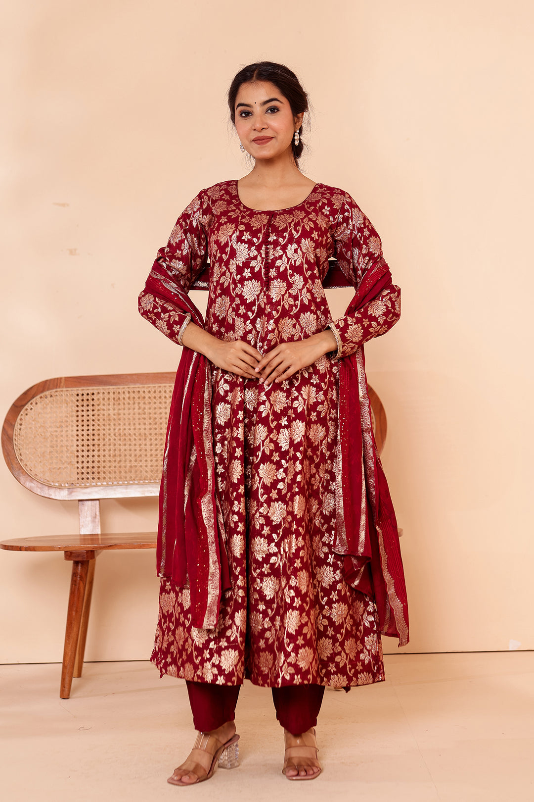 Maroon Chanderi Jacquard Silk Kali Style Suit.
