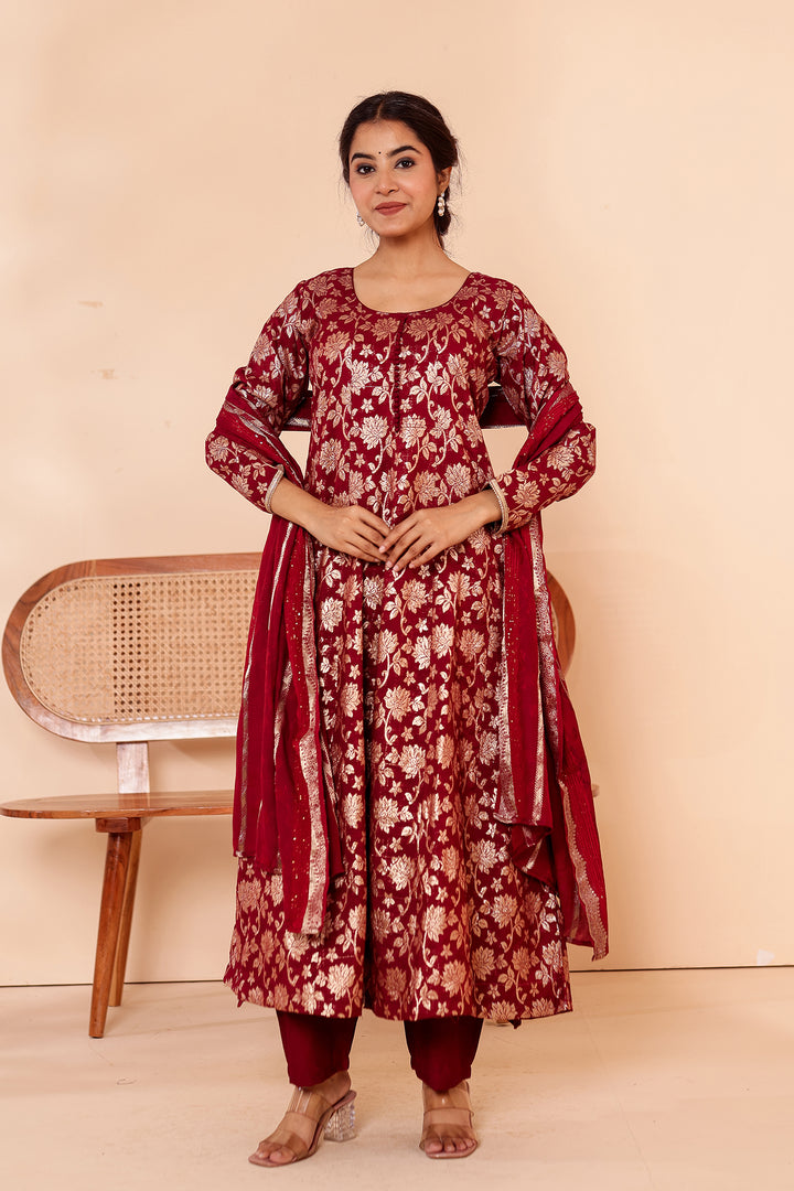 Maroon Chanderi Jacquard Silk Kali Style Suit.
