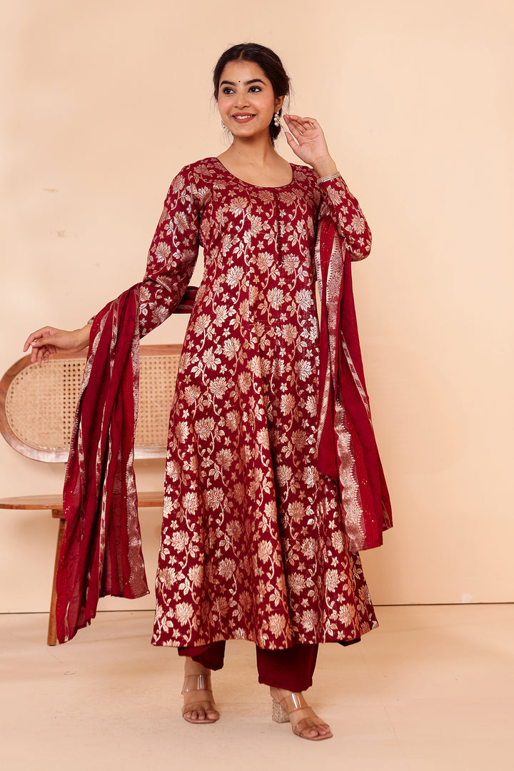 Maroon Chanderi Jacquard Silk Kali Style Suit.