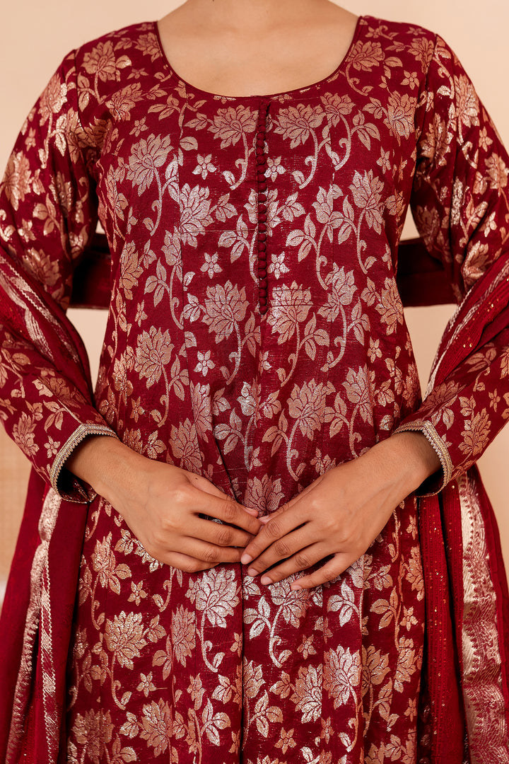 Maroon Chanderi Jacquard Silk Kali Style Suit.