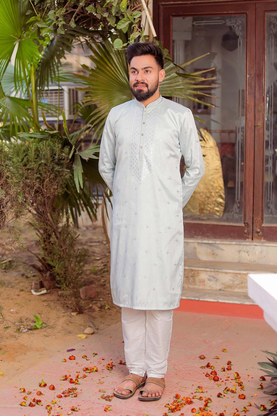 Light Blue Rayon Silk Kurta Suit With Sequin Embroidery.