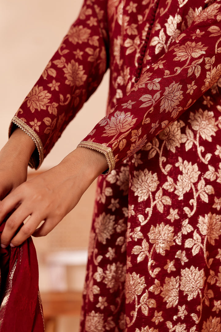 Maroon Chanderi Jacquard Silk Kali Style Suit.