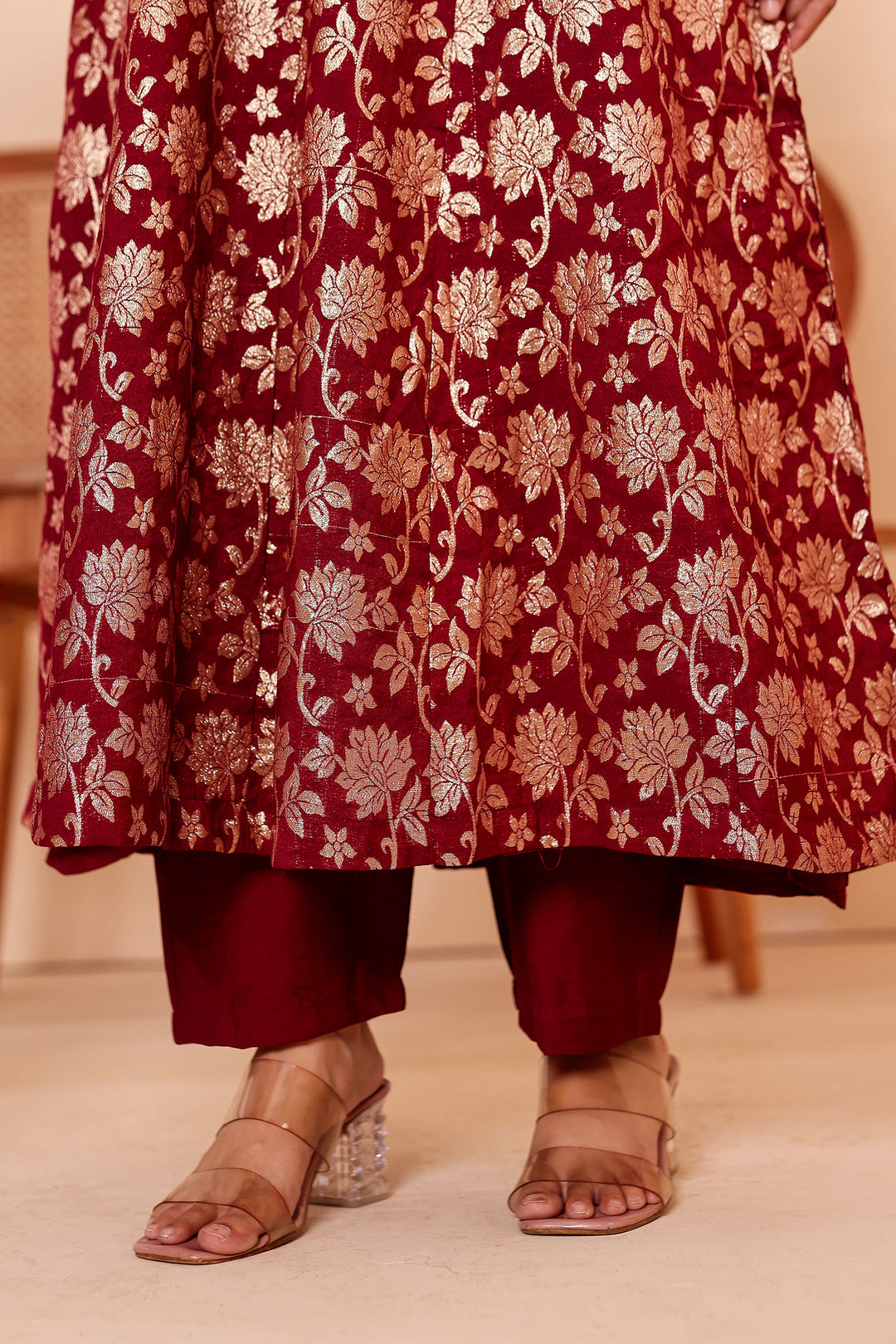 Maroon Chanderi Jacquard Silk Kali Style Suit.