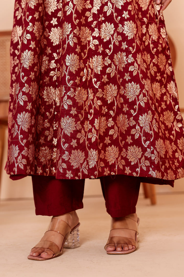 Maroon Chanderi Jacquard Silk Kali Style Suit.