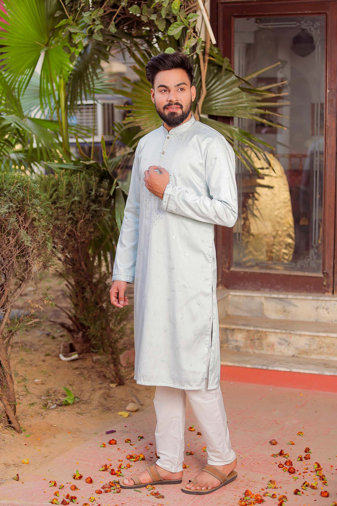 Light Blue Rayon Silk Kurta Suit With Sequin Embroidery.