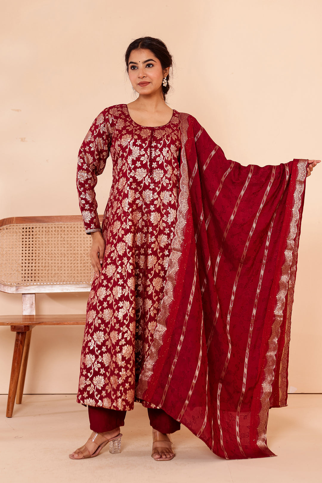 Maroon Chanderi Jacquard Silk Kali Style Suit.