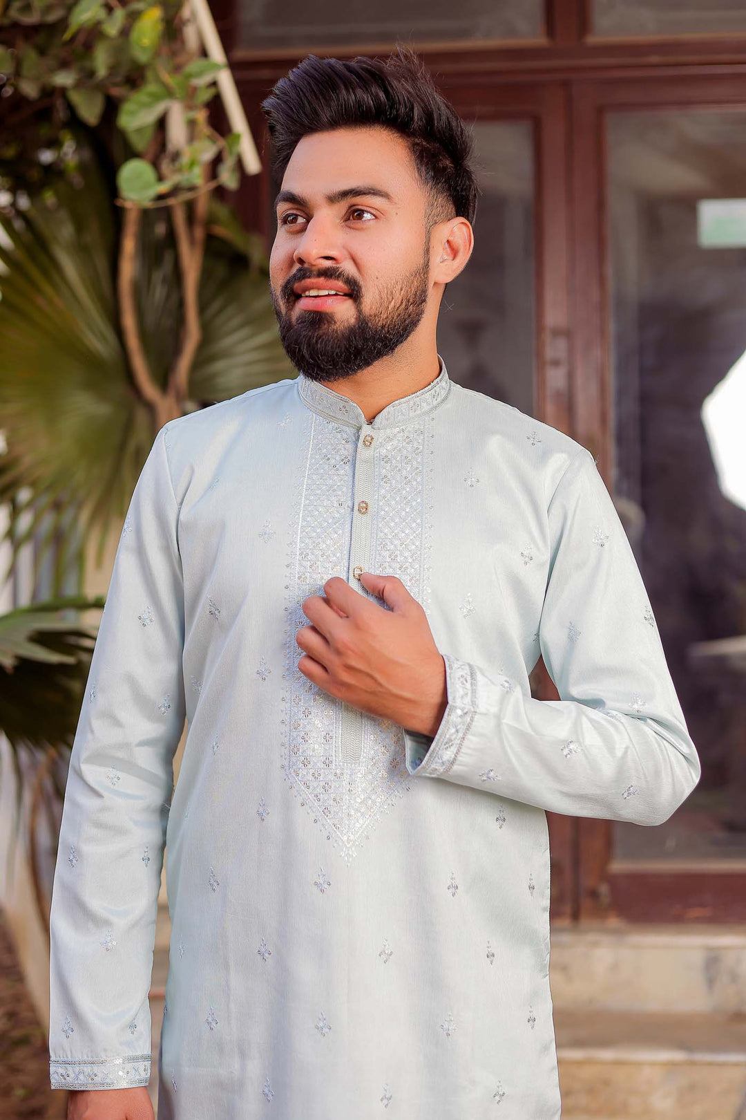 Light Blue Rayon Silk Kurta Suit With Sequin Embroidery.