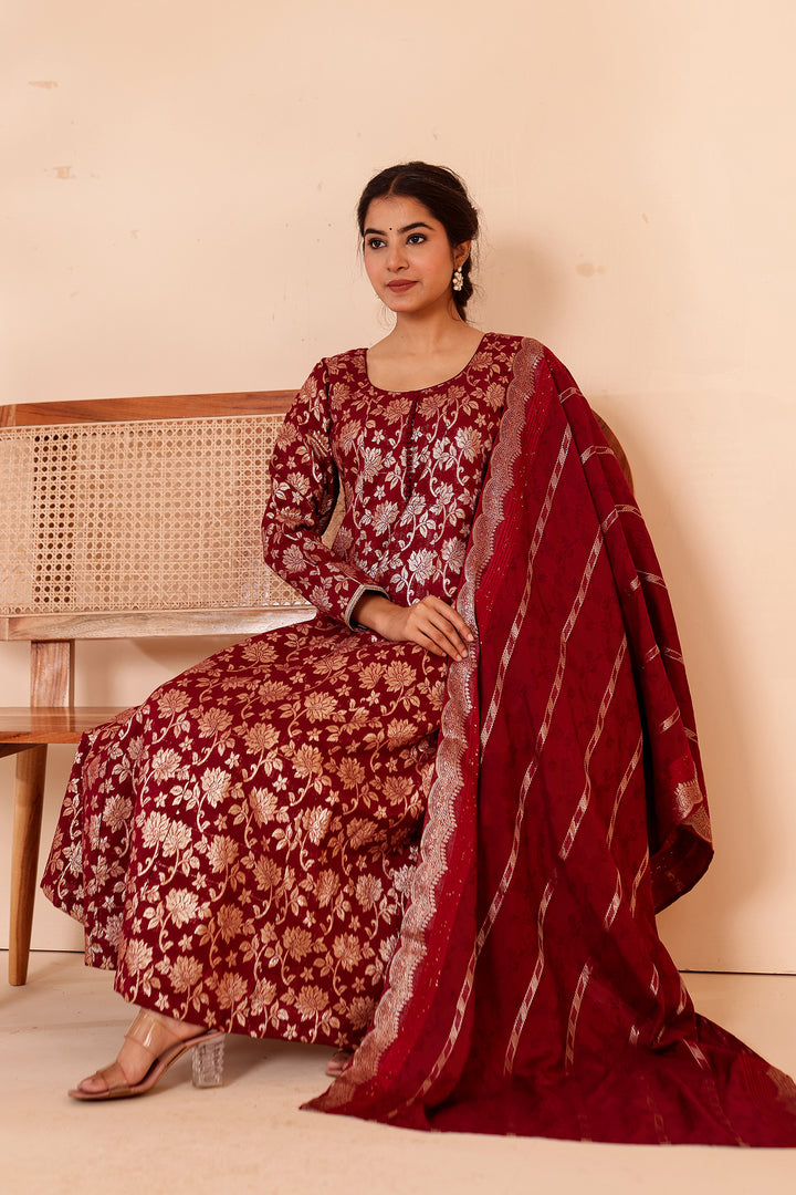Maroon Chanderi Jacquard Silk Kali Style Suit.