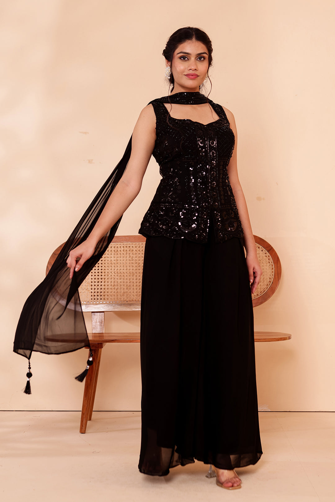 Black Indo-western Style with Flared Palazzo Suit.