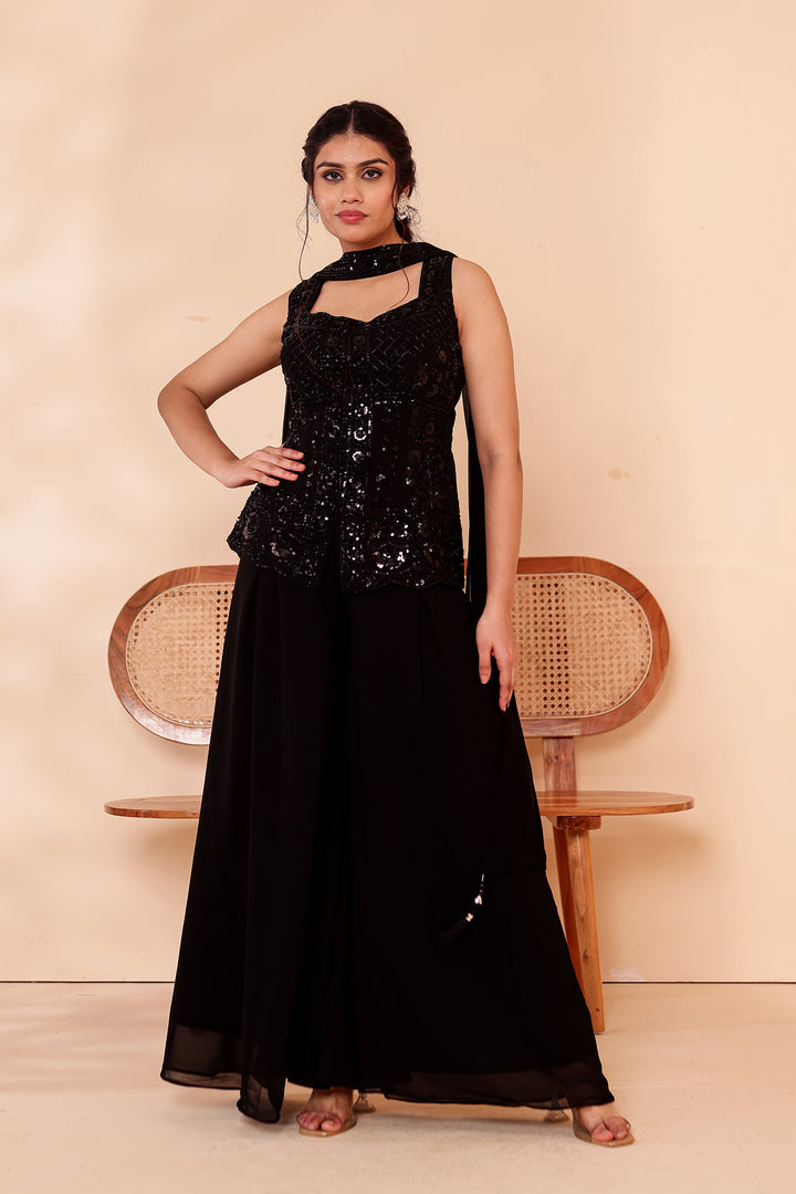 Black Indo-western Style with Flared Palazzo Suit.