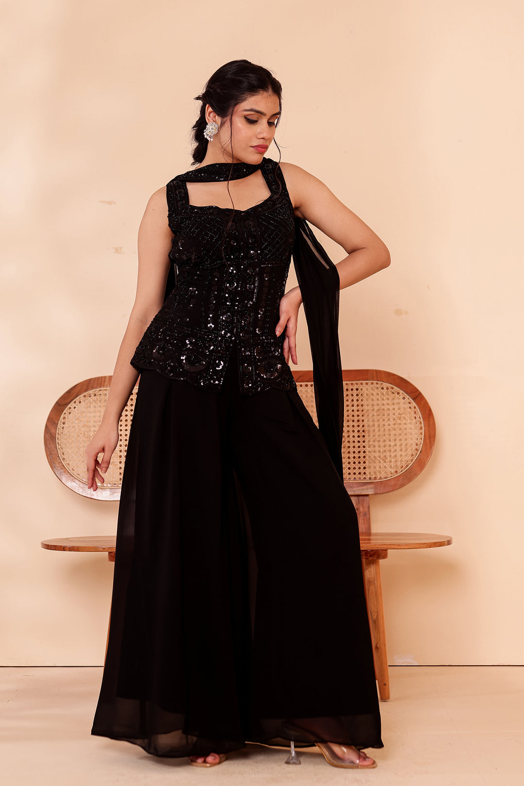 Black Indo-western Style with Flared Palazzo Suit.