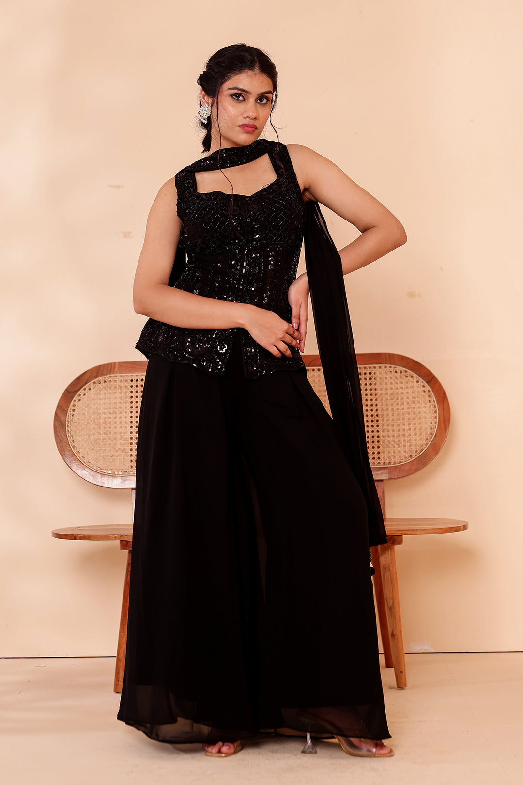 Black Indo-western Style with Flared Palazzo Suit.