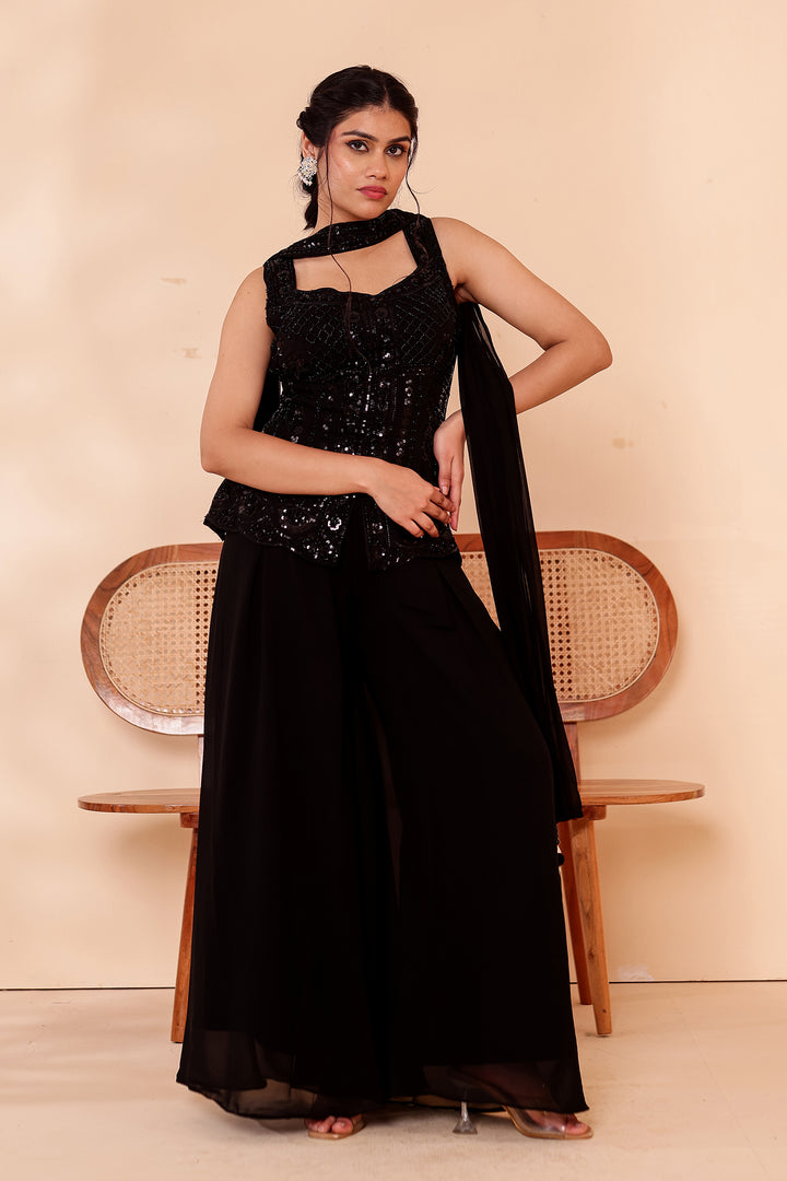 Black Indo-western Style with Flared Palazzo Suit.