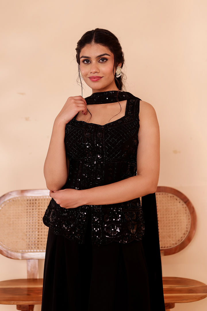 Black Indo-western Style with Flared Palazzo Suit.