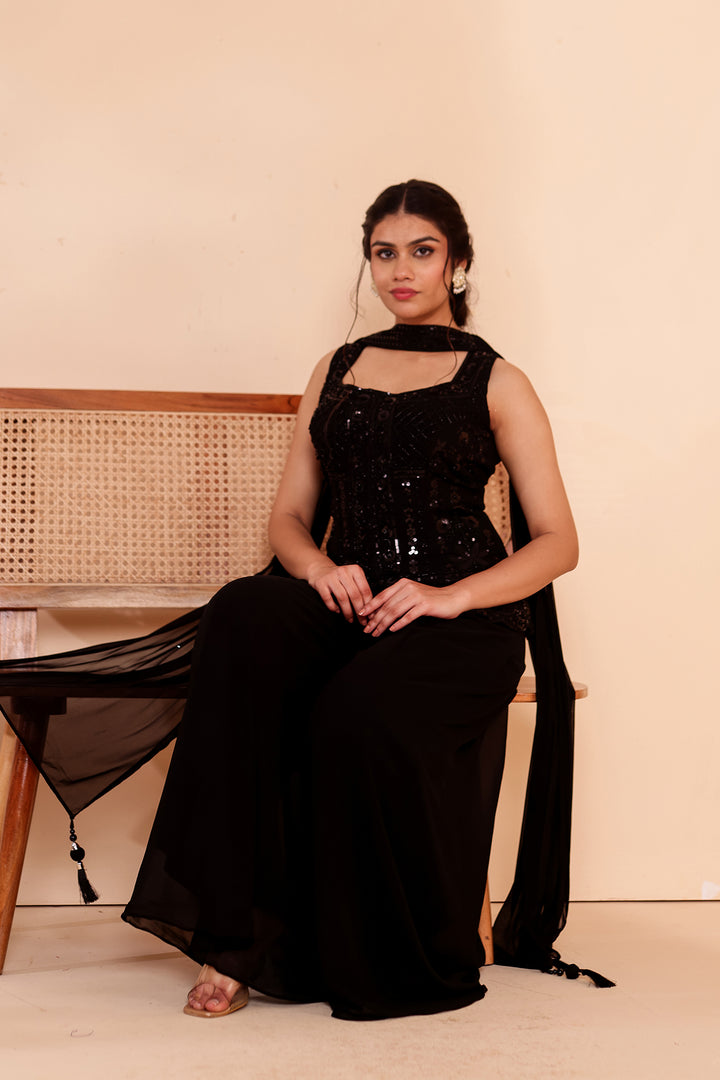 Black Indo-western Style with Flared Palazzo Suit.