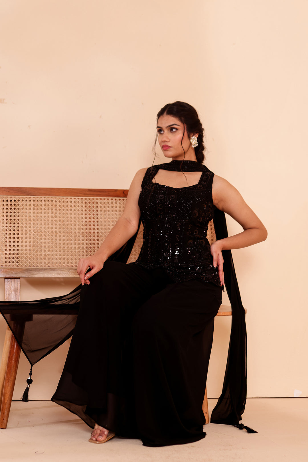 Black Indo-western Style with Flared Palazzo Suit.