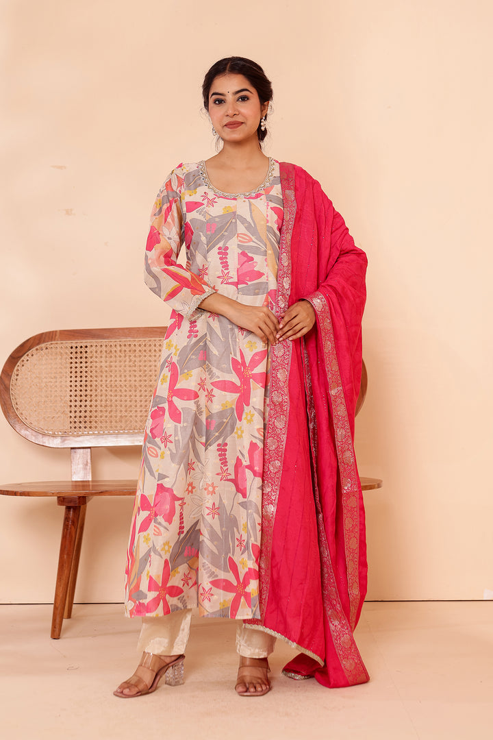 Cream Printed Tissue Silk Anarkali Suit.