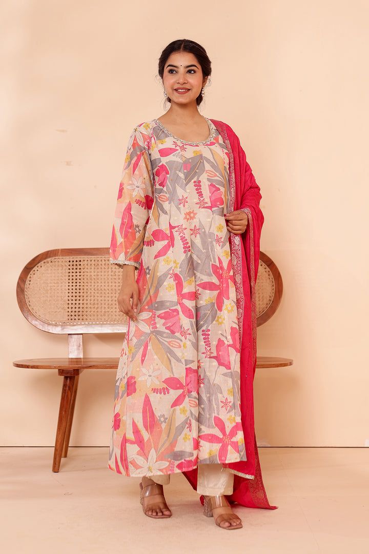 Cream Printed Tissue Silk Anarkali Suit.