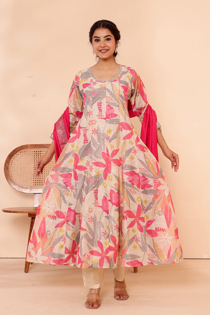 Cream Printed Tissue Silk Anarkali Suit.