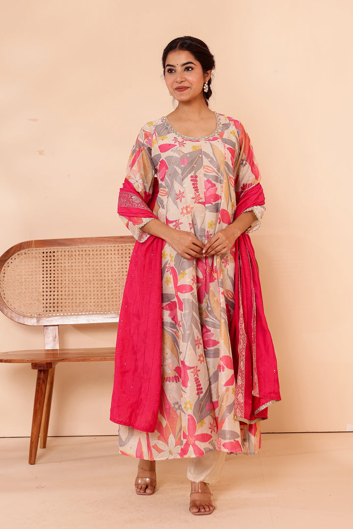 Cream Printed Tissue Silk Anarkali Suit.