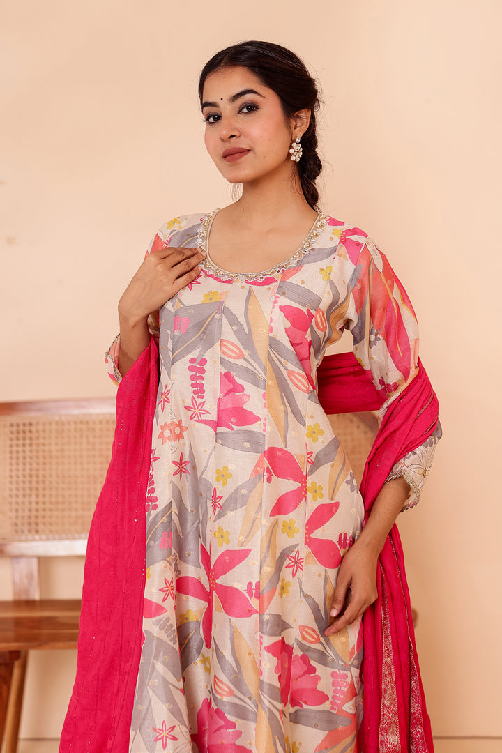 Cream Printed Tissue Silk Anarkali Suit.