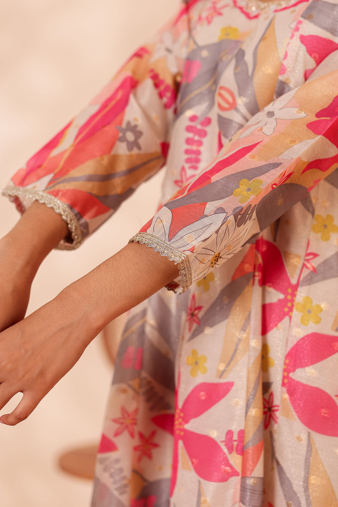 Cream Printed Tissue Silk Anarkali Suit.