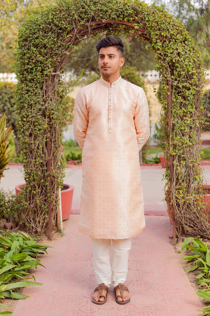 Peach Brocade Silk Kurta Suit Looped Buttons.