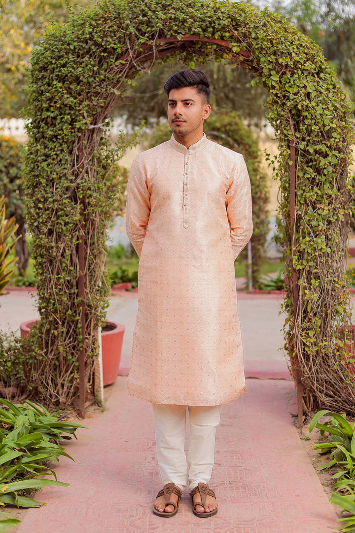 Peach Brocade Silk Kurta Suit Looped Buttons.