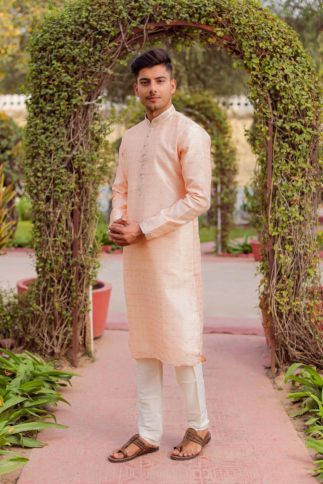 Peach Brocade Silk Kurta Suit Looped Buttons.