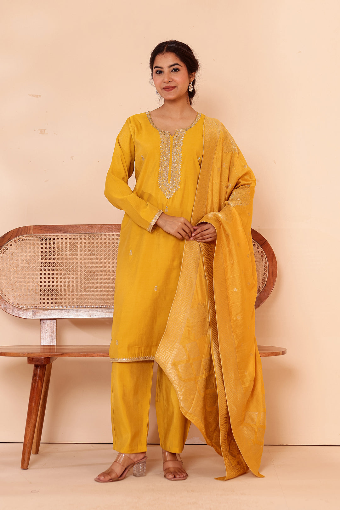 Mustard Soft Shimmer Silk Straight Cut Kurta Set.