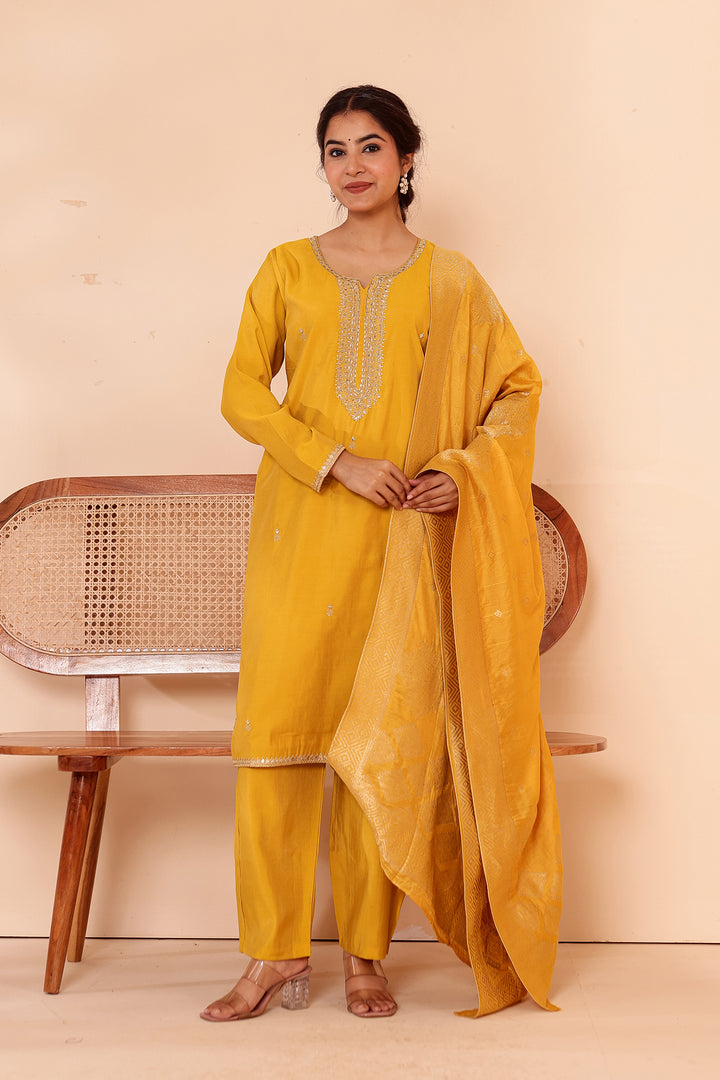 Mustard Soft Shimmer Silk Straight Cut Kurta Set.