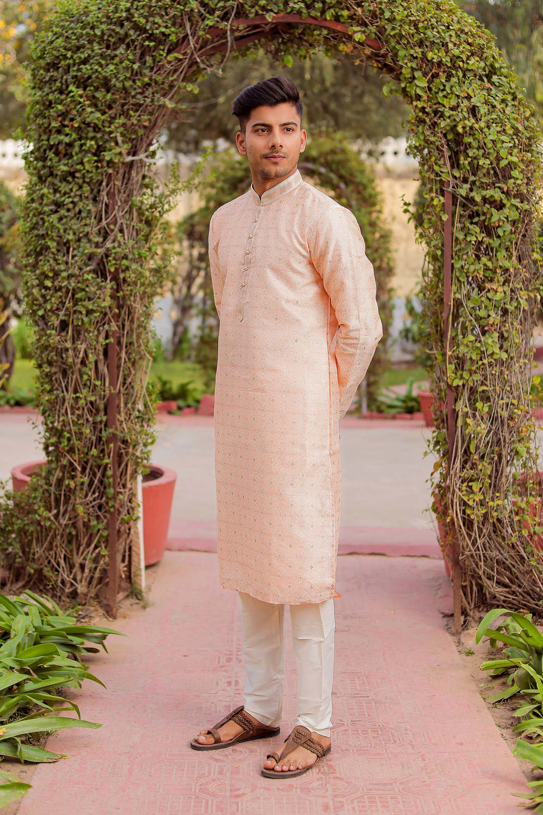 Peach Brocade Silk Kurta Suit Looped Buttons.