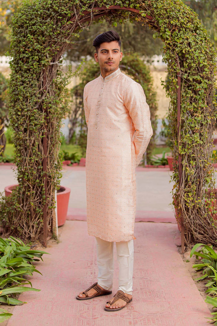 Peach Brocade Silk Kurta Suit Looped Buttons.