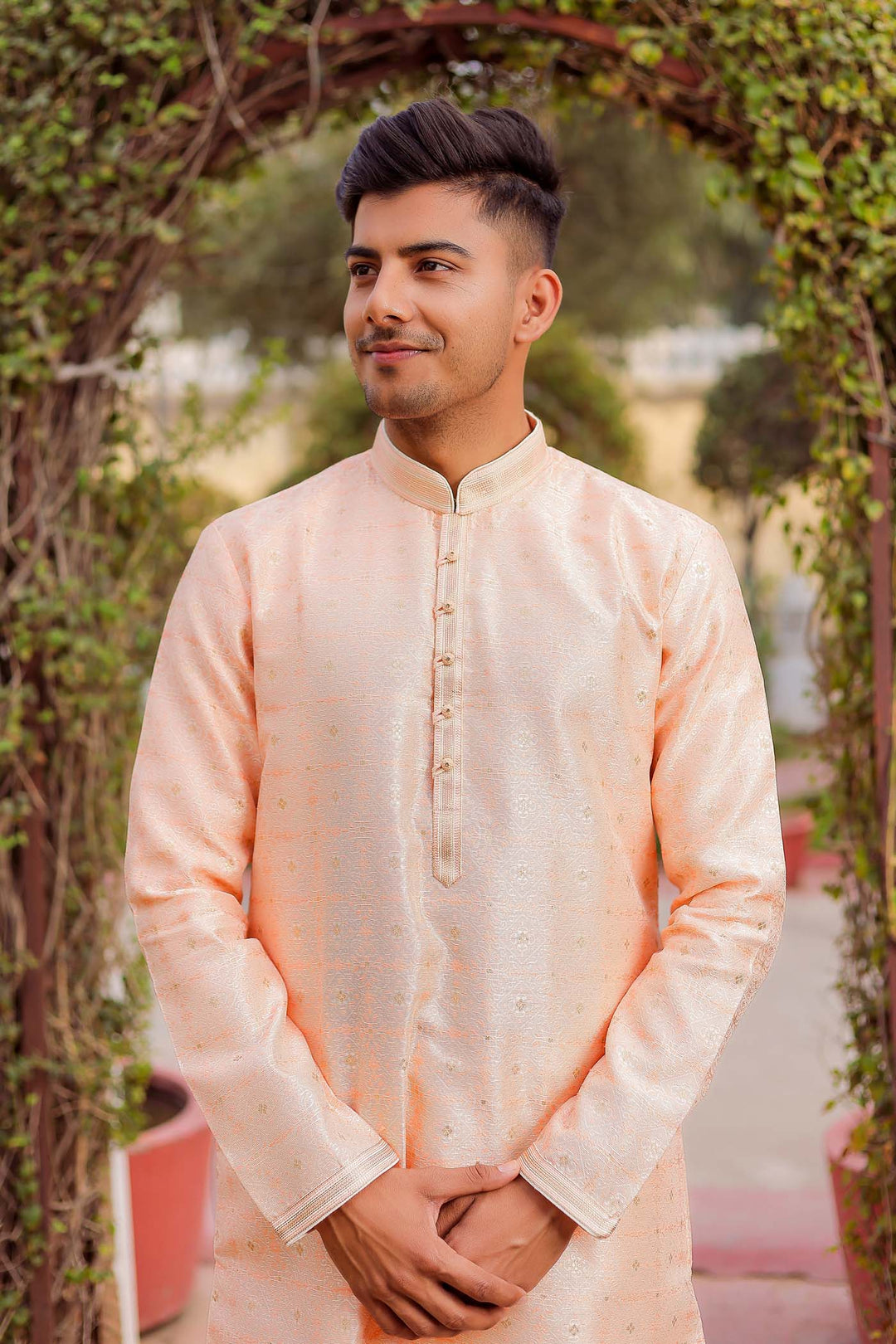 Peach Brocade Silk Kurta Suit Looped Buttons.