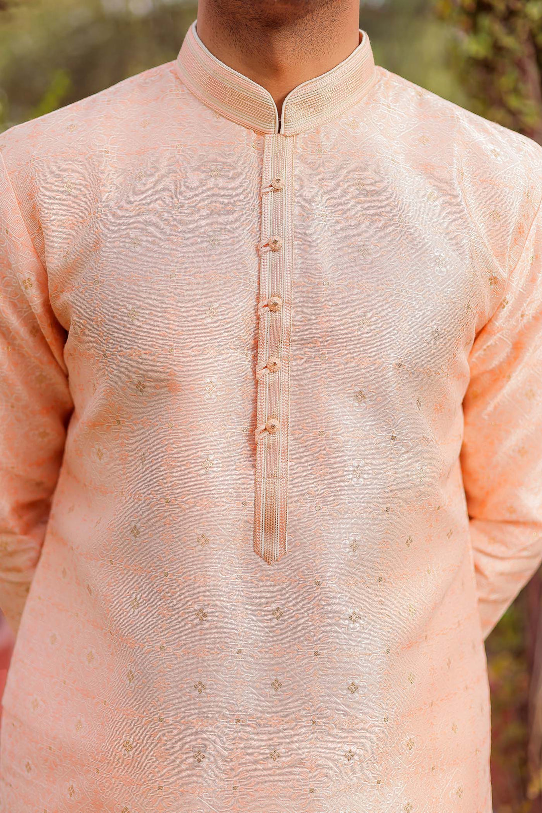 Peach Brocade Silk Kurta Suit Looped Buttons.