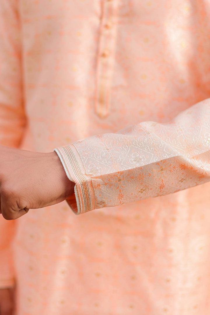 Peach Brocade Silk Kurta Suit Looped Buttons.