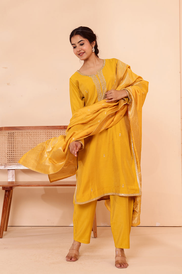 Mustard Soft Shimmer Silk Straight Cut Kurta Set.